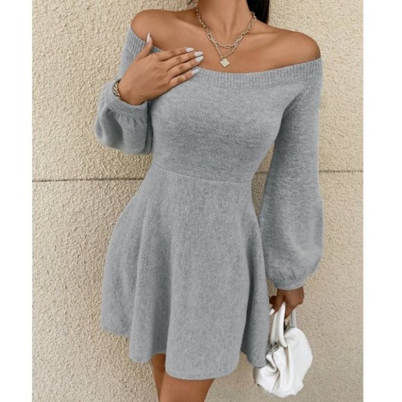 Minimalist Off Shoulder Lantern Long Sleeve Sweater Mini Dress Gray - Picture 3 of 6